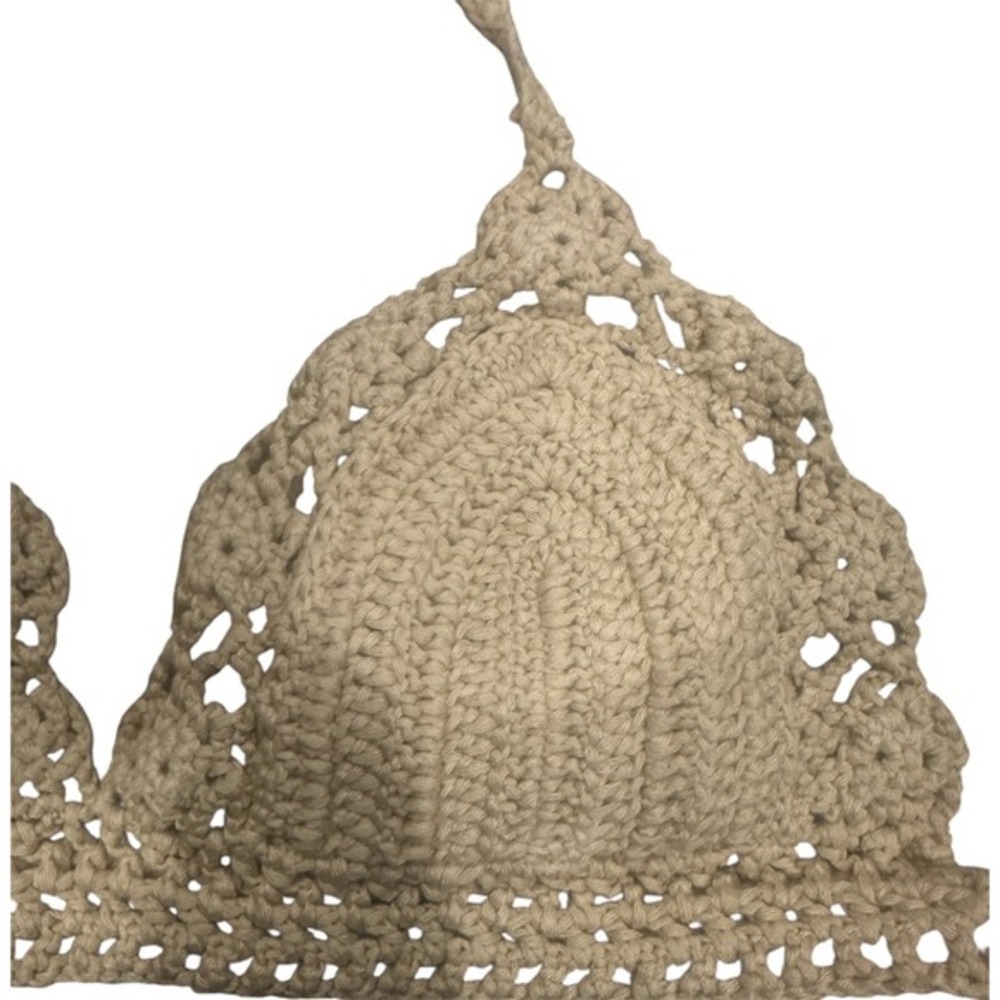ASOS DESIGN Cream Crochet Halter Bikini Top Scalloped Boho Festival Size S (4-6) - Picture 3 of 4